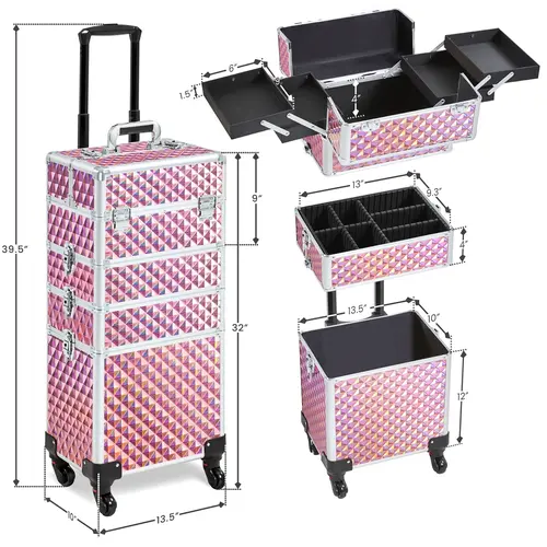 Yaheetech 4-in-1 Multi-Function Durable Rolling Makeup Train Case - Extra-Large 4-Tiered Reinforced Aluminum Trolley with 360-Degree Rubber Wheels, Latch, Accordion Trays, Chic Organizer for Makeup Containers, Portable Vanity for Business/Wedding Use, Cos