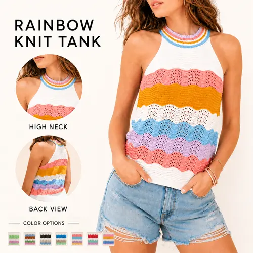 Imily Bela Women’s Halter Neck Sweater Vest Color Block Sleeveless Loose Knit Tank Top