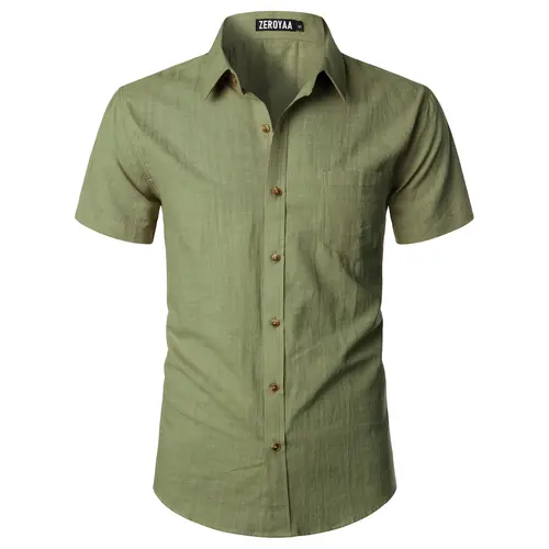 ZEROYAA Men's Fitted Cotton Linen Casual Short Sleeve Button Up Shirts Lightweight Beach Tops with Pocket Thin Plain Menswear Shortsleeve,back to school,back to school shopping,clothes for back to school,first day of school outfits