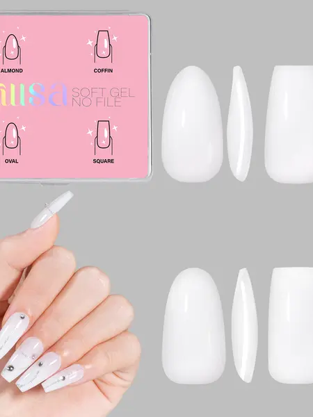 Aillsa 4 Pre-shaped Medium Almond, Coffin, Oval, Square Soft Gel Nail Tips Set -112Pcs Milky White Press on Nails 14 Sizes gelx Tips Full Cover Fake Nails Extension for Beginners Easy DIY Nail Salon Nail Care Manicure Brithday Halloween Gift for Girls