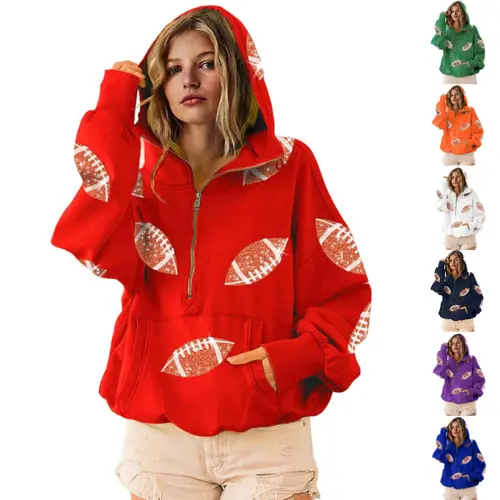 Ommig Women's Oversized Game Day Hoodie Casual Long‑Sleeve Half‑Zip Pullover with Sequin Football Print Kangaroo Pocket