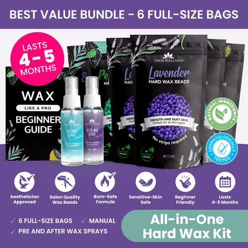 TRESS WELLNESS Hard Wax Beads Kit - 6 Scented Wax Beads Bags for Full Body Waxing with Lavender, Peppermint, Tea Tree & Lemon Scents - 1.3lb Professional Grade Waxing Kit Body Care Aroma