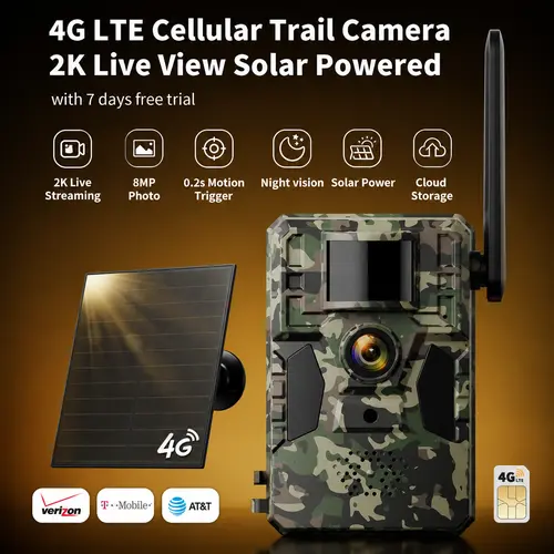 SEHMUA Solar Powered 4G Cellular Trail Camera for Hunters, 2-Megapixel Outdoor Photo Camera with App, 0.2s Fast Trigger, 82ft Night Vision, No WiFi, IP66 Waterproof, 2-Way Talk, 365 Days Standby, Built-In Cellular Card (4G Data Plan Needs Activation)