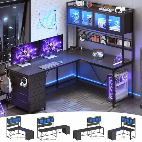 SIKAIC 62-Inch LED Multi-Config L-Shaped Gaming Computer Desk - 18.5"d x 61.8"w x 65"h, Metal Frame, Charging Station, Power Outlets, Storage Drawers, Headphone Hook, Handle-Free Corner Desk for Bedroom, Man Cave Furniture
