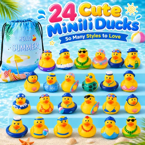 24-Pack BPA-Free Rubber Beach Theme Ducks with Carry Bag - 2 Inches Waterproof Classic Floaters for Kids, Baby Shower Gifts, Classroom Rewards, Unique Styles (3 Months and Up)