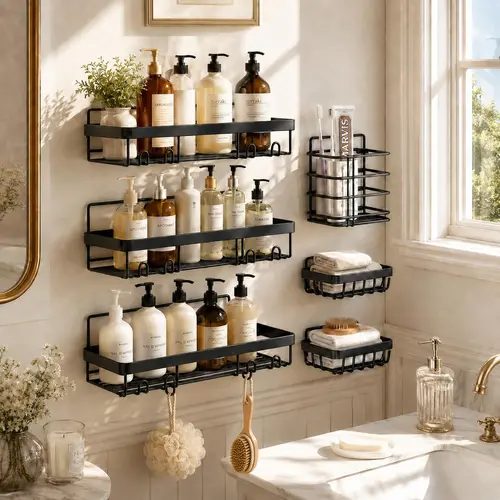PHANCIR 6 PCS Shower Caddy, No Drilling Bathroom Organizer with Soap Holder, Adhesive Bathroom Caddy, Black Installation Square Transparent Stainless