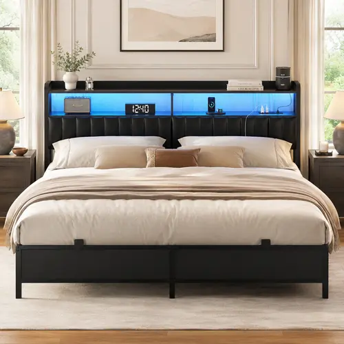 Homieasy Bed Frame with Charging Station, Adjustable Upholstered Headboard, Industrial Cool Bed with LED Lights, No Box Spring Needed, Black led  bed