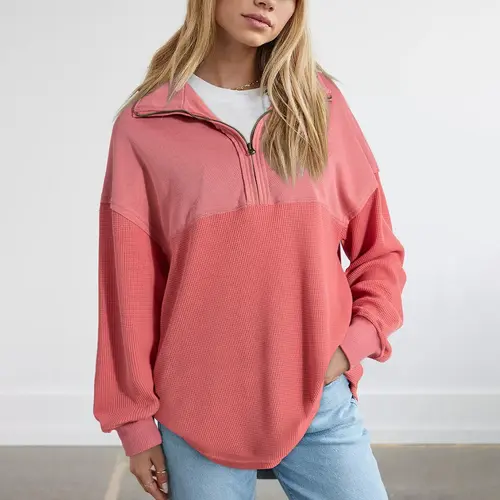 Shewin Women's Half-Zip Waffle Knit Tops - Oversized Long Sleeve Cotton Casual Pullovers  DealsForYouDays,summerwins,summeroutfits,vacationoutfits,beachoutfits Knitwear Womenswear