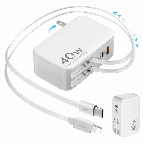 4-in-1 Portable Retractable Folding Wall Charger Plug - 40W Fast Charging Block, Dual USB Ports, 90cm Lightning & Type-C Cables, Durable Shell, Compatible with Electronic Mobile Devices, Smartphone, iPhone 16/15, iPad, AirPods, Galaxy, Pixel