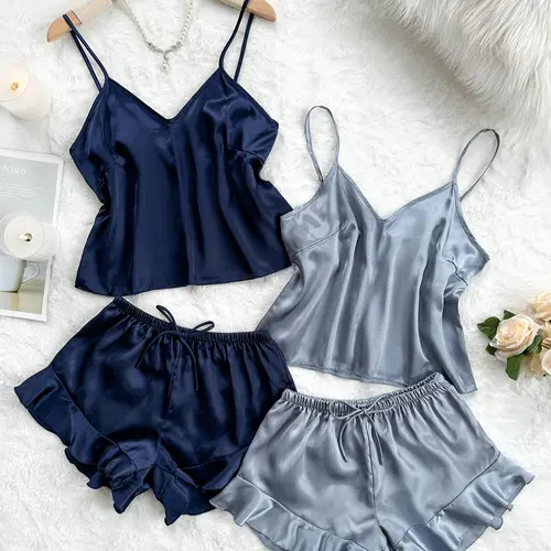 Women's Solid V-Neck Cami Top & Bow Decor Elastic Waist Shorts Smooth Satin Pajama Set, Adjustable Spaghetti Strap Camisole & Ruffle Hem Sleepwear for All Seasons