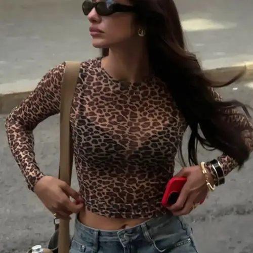 Women's Leopard Print Sheer Crop Tee, Fashion Chic Casual Streetwear Crew Neck Long Sleeve T-shirt for Daily Outdoor Wear, Women Tops for Spring Fall Womenswear, Lady