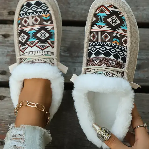 Women's Lace Up Low Top Colorblock Ethnic Pattern Sneakers, Casual Warm Sports Shoes for Winter, Female All-match Round Toe Shoes for Daily Wear, Walking Shoes, Classic Casual Shoes, Fashion Casual Shoes, Casual Lifestyle Footwear