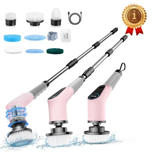 Dovety×Girl Pink Cordless Electric Spin Scrubber, 8 Replaceable Brush Heads, 2 Adjustable Speeds, 3 Adjustable Extension-Detachable Handle, Cleaning Gadgets for Bathroom-Kitchen, Portable Multifunction Household Tool for Friends-Family-Parents, Perfect Gi