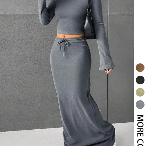 Women's Solid Knit Flounce Sleeve Long Sleeve Fitted Cropped Tee & Skirt Two-piece Adjustable Drawstring Basic Casual Set Fabric for Daily Outdoor Wear, Women's Clothing Top for Spring & Fall, Womenswear