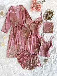 Women's Floral Plant Print Satin Pajama Set (Pjs) with Belted Robe, Cowl Neck Cami Nightdress, Backless Cami Top, Elastic Waist Shorts & Storage Bag, Lingerie Nightwear, Casual Comfortable Women's Sleepwear & Loungewear Camisole Sets Lingerie