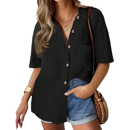 Linen Shirts for Women Cotton Button Down Short Sleeve Loose Fit Collared Casual Work Summer Blouse Tops Basic Lady Breathable Essential Fabric Fashion Formal Beach Cover Buttoned Top Shirtswomen