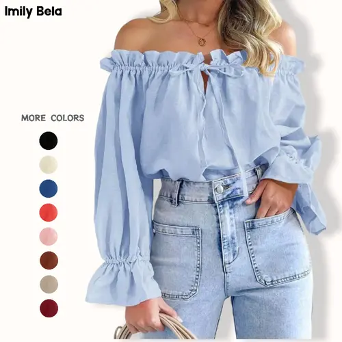Imily Bela Women's Elegant Off-Shoulder Tops, Puff Long-Sleeve Tie-Front Loose-Fit Ruffle Blouses