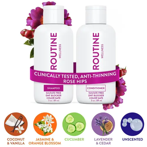 Routine Wellness Anti-Thinning Volumizing Shampoo & Conditioner Travel Size Set - 3 oz - Biotin & DHT Blockers - Tea Tree, Argan Oil - Mild Haircare