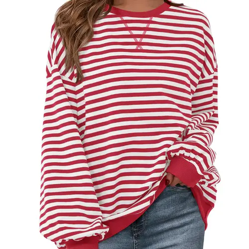 BTFBM Women's Striped Hoodie Sweatshirt with Long Lantern Sleeves for Fall 2026 - Womenswear