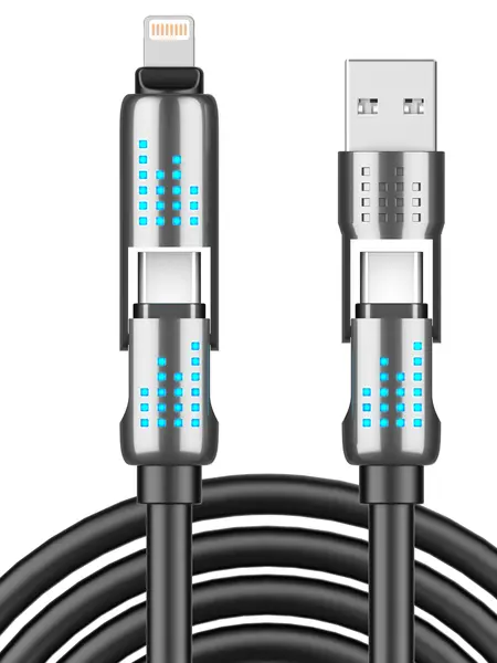 240W 4-in-1 USB-C Cable - PD 5A Fast Charging Type C Charger, Data Sync, USB-A/Lightning Compatibility, Aluminum & Silicone Build, for Smartphone, Cellphone, Android Device, iPhone 16/15, iPad, Samsung, Laptop