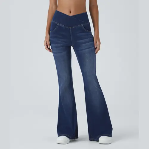 Halara Flex™ High Waisted Crossover Pocket Washed Casual Flare Jeans