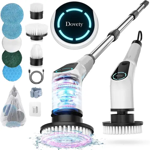 Dovety Rechargeable Electric Spin Scrubber - Type C/USB Rechargeable Durable Power Scrubber with 8 Replaceable Brush Heads, 2 Adjustable Speeds, Extension Handle for Tub, Floor, Perfect Gift