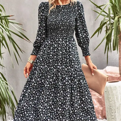 Women's Ditsy Floral Print Shirred Waist A Line Dress, Casual Wear, Elegant Bishop Sleeve Round Neck Midi Dress for Spring & Fall, Women's Clothing for Summer Daily Wear, Bohemian Womenswear, Casual Dresses, Bohemian Aesthetic