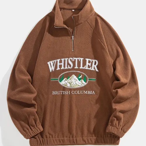 Men's Landscape & Letter Print Zip Front Fleece Sweatshirt, Streetwear Outerwear, Loose Casual Raglan Sleeve Stand Collar Pullover for Fall & Winter, Men's Clothes for Daily Wear, Winter Fashion Clothing