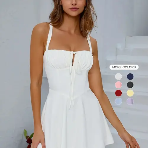 Women's Plain Lace Up Backless Boning Corset Cami Dress, Elegant Chic Pleated Ruched Tie Front Sleeveless Short Dress for Party Dating Wear, Ladies Summer Clothes Fabric Womenswear Evening Party Dresses