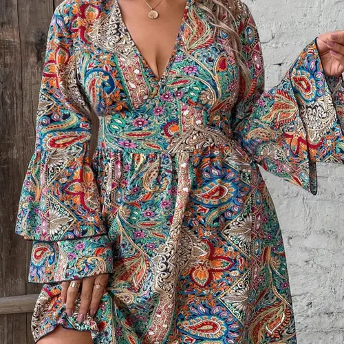Plus Size All Over Paisley Print Flounce Sleeve Dress, Bohemian Boho Deep V-Neck Long Sleeve A-Line Dress for Holidays and Wedding Guests, Women's Clothes for Fall & Winter