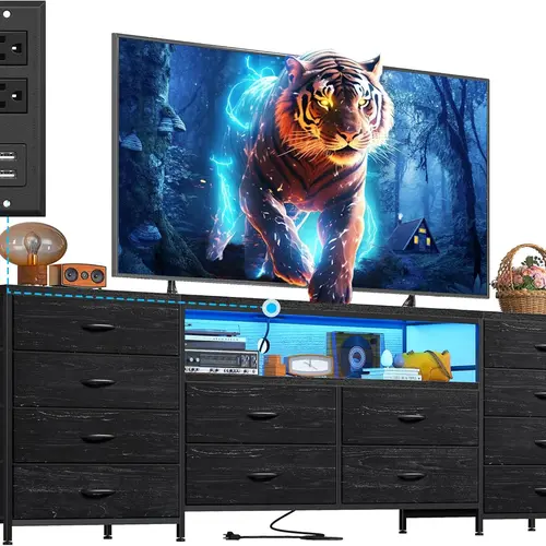 Raybee Furniture 63" W Dresser TV Stand,Fits 75" TV Stand Dresser for 65 70 75 Inch TV, Long Fabric Dresser Entertainment Center，with LED Lights & Power Outlets & 12 Drawers tv stand