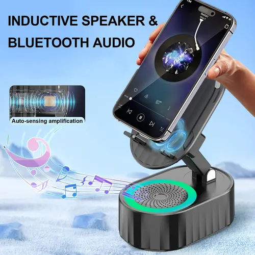 AKLLCCR 5-in-1 Adjustable Rotatable Electronic Phone Holder - Bluetooth Speaker Sound System, Lightweight Portable, 5000mAh USB Power Bank, Colorful Ambient Light, Smartphone Charger, Cool Gadgets Gift for Friends
