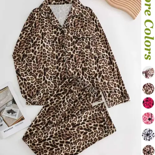 Women's Leopard Print Button Front Pocket Lapel Shirt & Elastic Waist Pants Pyjama Two-piece Set, Pajama Set, Women's Sleepwear for Spring & Fall
