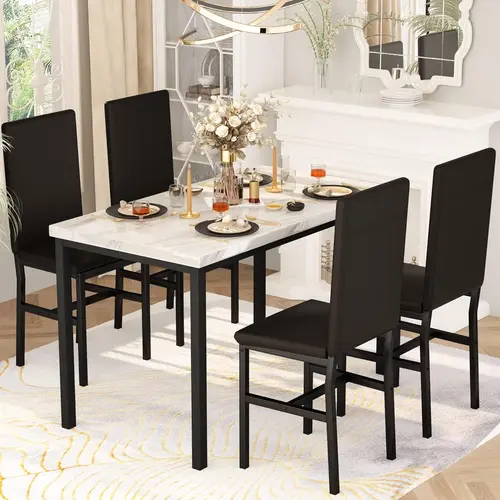 Recaceik 5-Piece Combo Kit Dining Room Furniture Set for 4, White Faux Marble Tabletop Dining Table with PU Leather Chairs, Modern Indoor Set for Apartment, Small Spaces, Interior