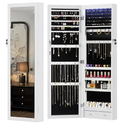 Full-Length Mirrored Jewelry Cabinet with Built-In Makeup Mirror,Lockable Storage Cabinet with 2 Drawers,dorm essentials,home decor