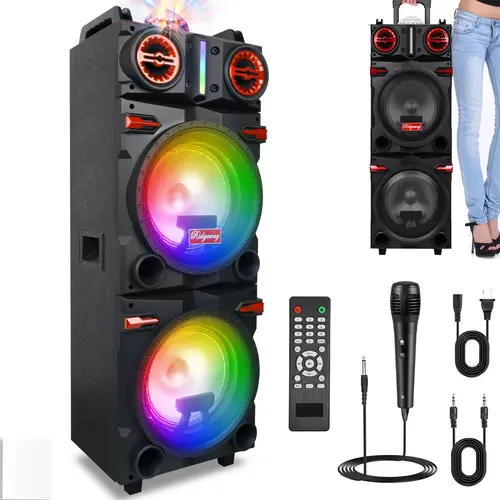 DAZONE Portable Wireless Bluetooth PA Speaker with Dual 10" Subwoofers, 3" Tweeter, Karaoke Microphone, Colorful LED Lights, Stereo Audio, Remote Control, Guitar Cable, Smartphone Compatibility, Card Support for Home, Camping Parties