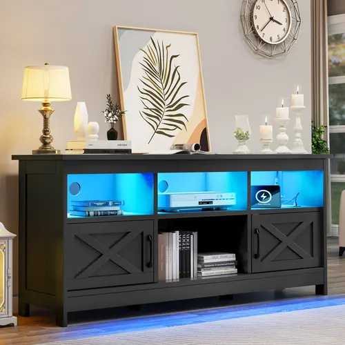Yitahome Farmhouse Modern LED TV Stand - 59" Furniture for TVs Up to 65 Inch, Living Room Furniture Entertainment Centre with Power Outlet, Storage Cabinet & Shelf, Room Decor Media Console