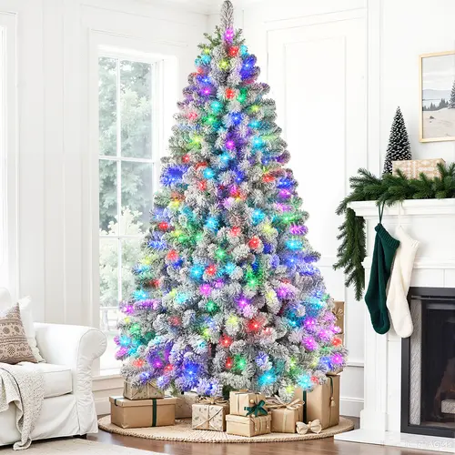 【 RGB Lights & Remote 】Alupssuc 2026 Upgraded Snow-Flocked Cedar Christmas Tree with Remote Control, Pre-Lit Artificial Christmas Tree, Full Realistic Branches, Auto-Memory Mode, 4/5/6/7/7.5/8/9FT, Home Decor, Indoor Holiday Decor