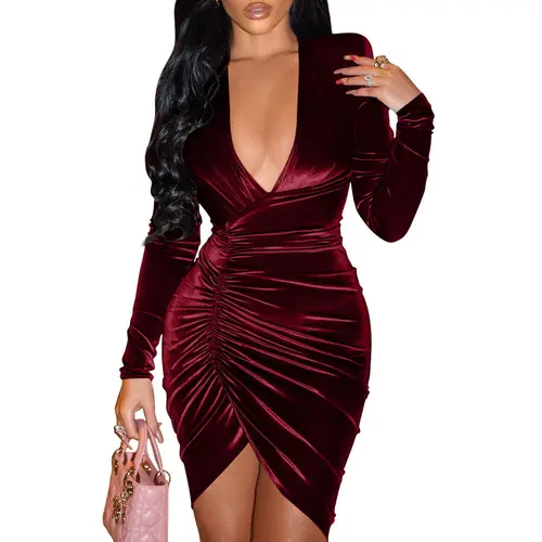 OYS Women's Sexy Long Sleeve V Neck Ruched Bodycon Wrap Cocktail Club Mini Dress