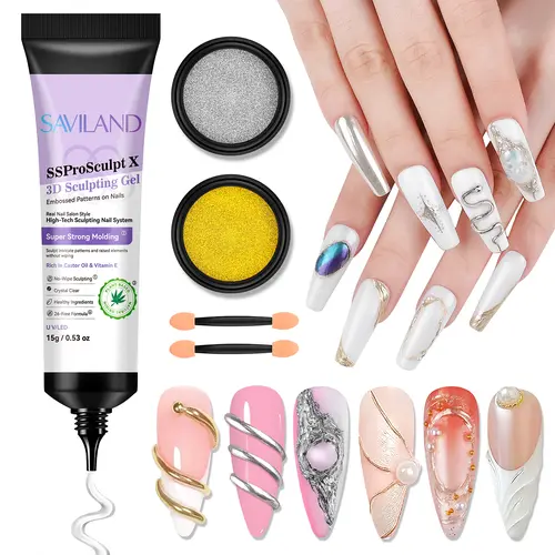 SAVILAND 3D Nail Gel & Chrome Powder Kit: Includes 3D Sculpting Gel Chrome Powder For Gel Nail Art Perfect For Home Manicures And DIY Nail Decoration summervibes