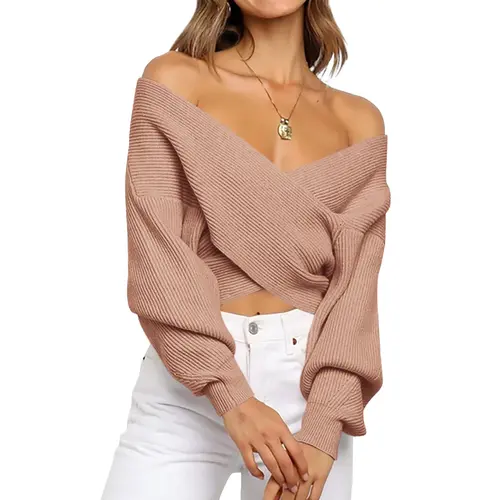 BTFBM Off The Shoulder Sweater for Women Winter Fall Fashion 2026 V Neck Long Sleeve Ribbed Knit Wrap Cropped Sweaters