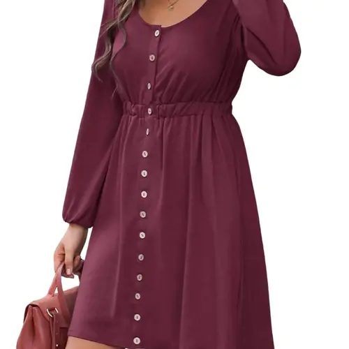 BTFBM Women's Spring&Fall Dresses - Long Sleeve Button Down Solid Mini Dress with High Waist and Crew Neck - Womenswear#Clearance