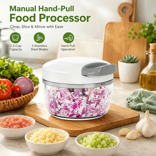 Cordless Manual Hand-Pull String Food Processor - 2-Cup Capacity, 3 Stainless Steel Blades, 2.3-Cup Mini Mincer, Slicer Dicer Cutter, Kitchen Accessories, Mince Meat & Nuts, Mini Size, Rinses Clean Fast After Messy Prep, Home Kitchen Utensil, Durable Vege