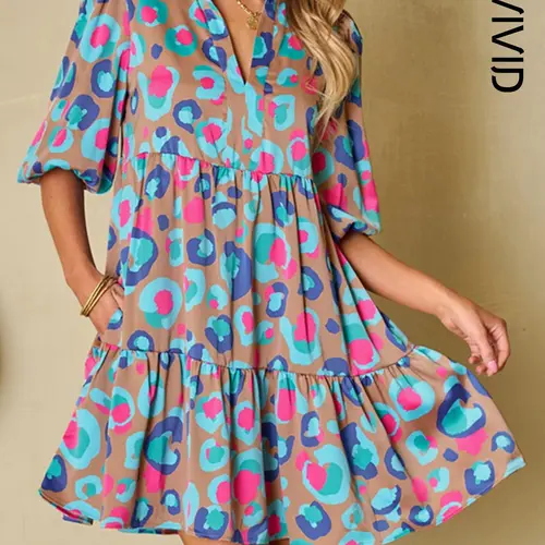 Women's All Over Print Leopard Frill Trim Ruffle Hem Pockets Smock Dress, Elegant Lantern Sleeve Notched Neck Dress for Spring & Fall, Women's Clothing for Daily Wear, Sundresses with Pockets
