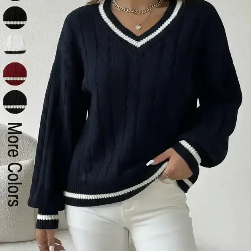 Women's Contrast Binding Drop Shoulder Cable Knit Fabric Loose Sweater, Tops, Casual Long Sleeve V-Neck Jumper for Spring & Fall, Chic Fashion Knitwear for Everyday Wear Knitting