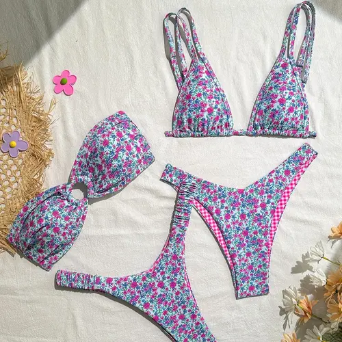 Women's Ditsy Floral Print Brazilian Swimsuits, Boho Fashion Ruched O-ring Bandeau Bra & Triangle Bra & High Cut Swim Panties Set, Ladies Swimsuit for Beach Holiday Vacation, Bikini Sets, Bathing Suit