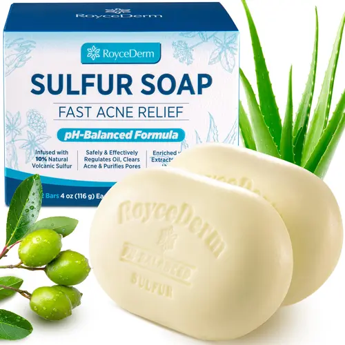 Roycederm Sulfur Soap (2 Bars, Boxed) - 10% Volcanic Sulfur Gentle Cleanser with Salicylic Acid, Tea Tree Oil, Aloe, Olive Oil, Back Acne Treatment, Sensitive Skin Repair Face & Body Wash for Body Care & Selfcare