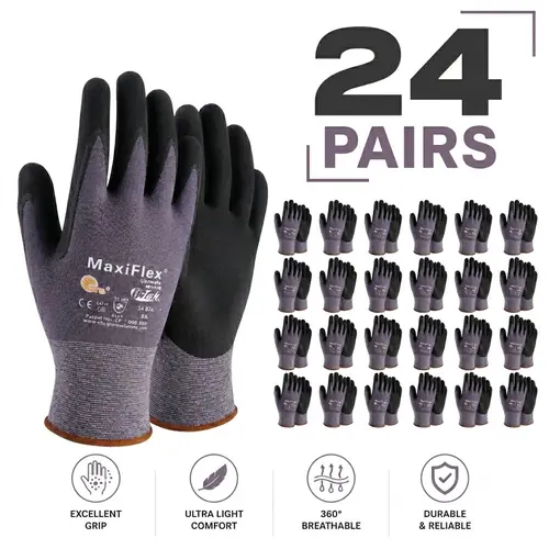 24 Pairs MaxiFlex PIP Gloves Pack of 12 Pairs | Work Gloves, Maxi Flex Ultimate Foam Nitrile Palm Coated Cleaning Breathable MaxiFlex maxiflex glove