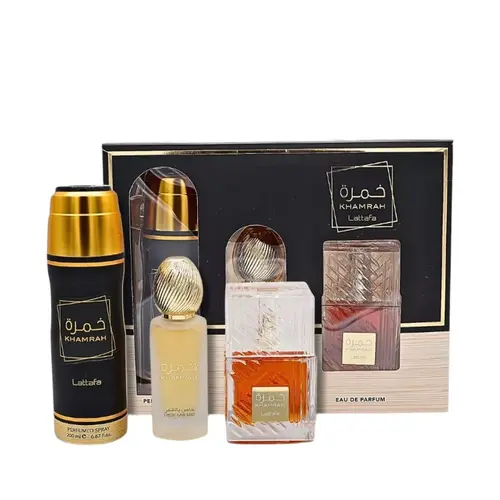 Lattafa Khamrah Floral Fragrance Blend Multi-Pack Gift Set - 100ml EDP, 200ml Body Spray, 50ml Hair Mist