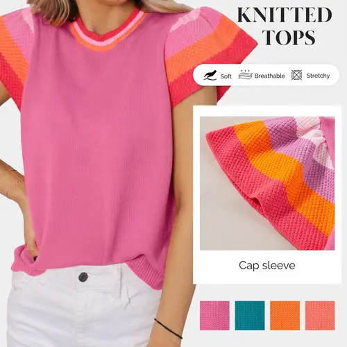 Shewin Women's Summer Cap Sleeve Tops Fitted Crewneck Loose Fit Knit Sweater Pullover Top Pink Vneck Soft Breathable Stretchy Knitting,back to school,back to school shopping
